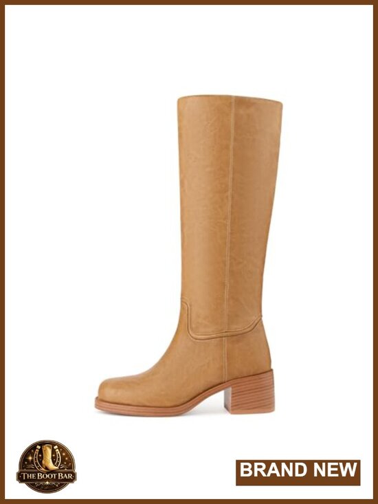 Shoes - Women's Chunky Block Heel Knee High Boots Square Toe Pull On Faux Leather Brown